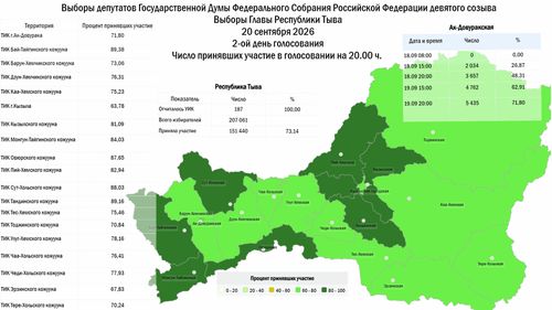 Явка на выборах в Туве на 20:00 второго дня голосования составила 73,14%